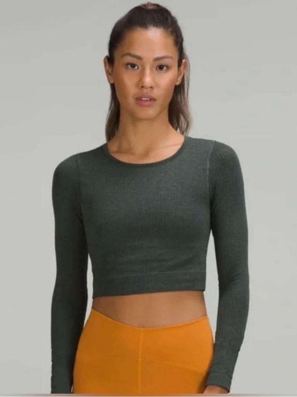 lululemon athletica Ribbed Long Sleeve Cropped Top in Deep Forest Green